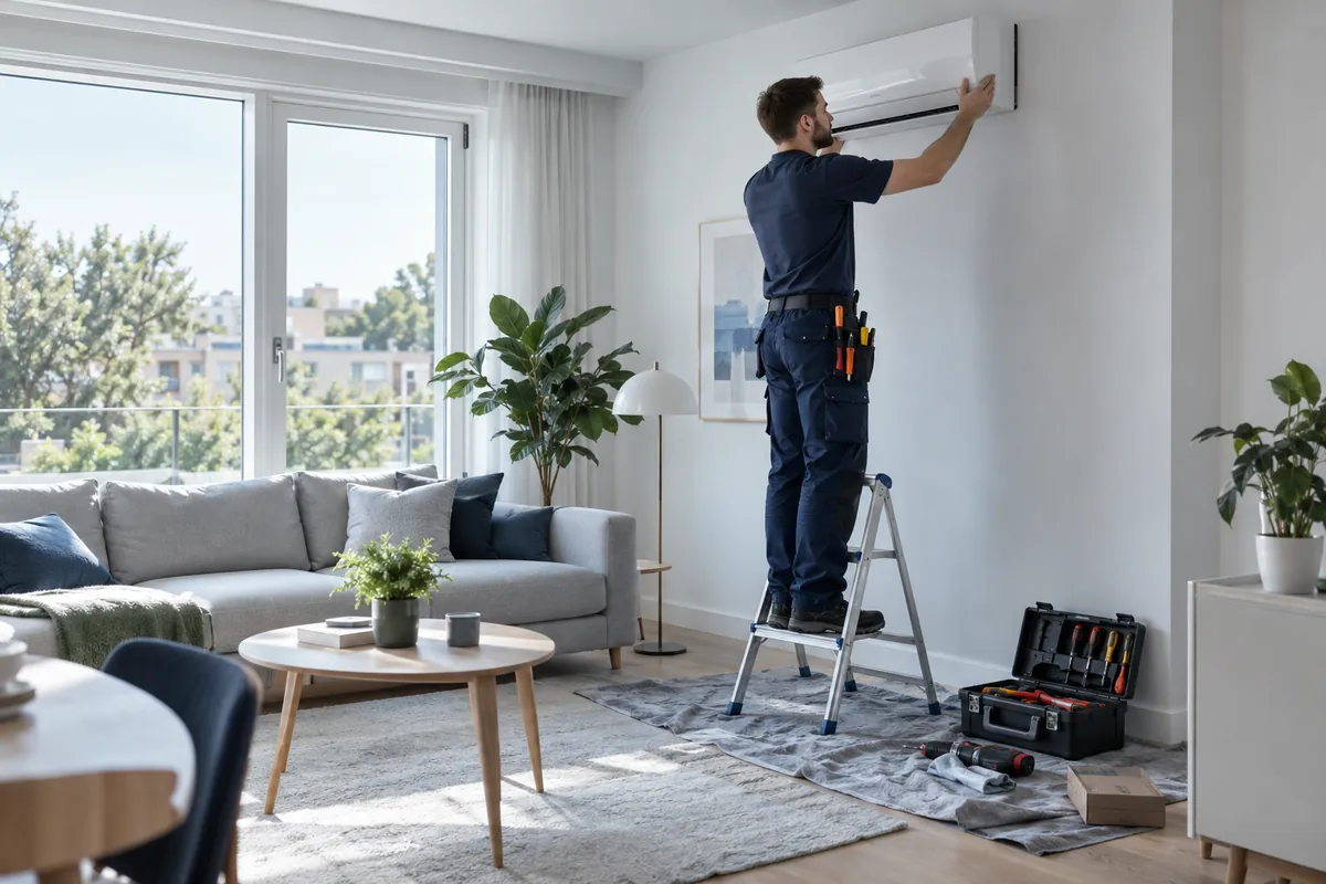 Technician mounting a wall-mounted air conditioner in a living room