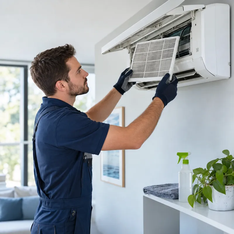 Technician cleaning the filter of an indoor unit
