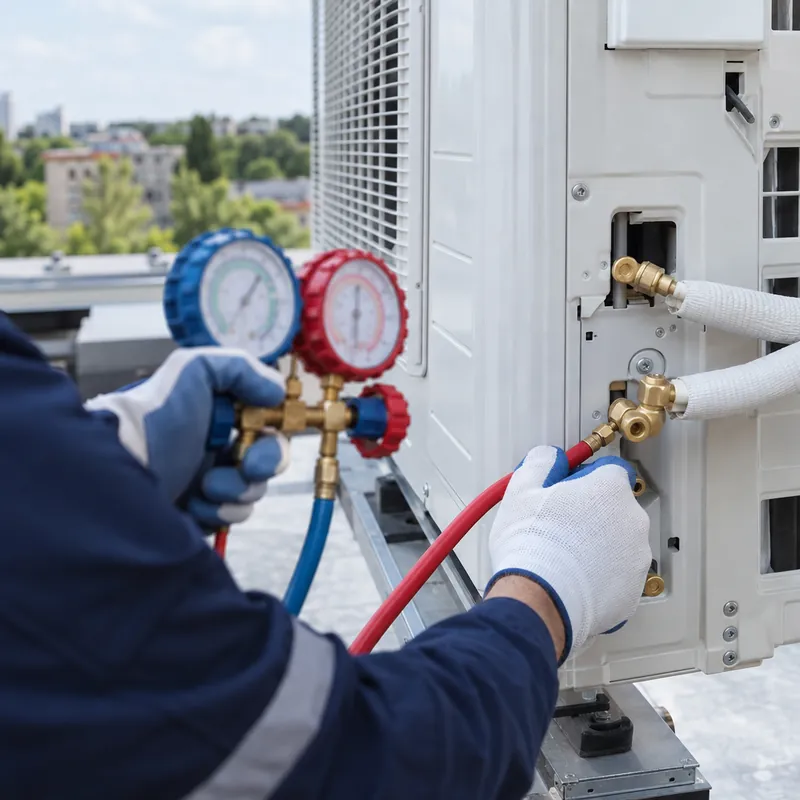 Technician connecting a manifold gauge set to an outdoor unit
