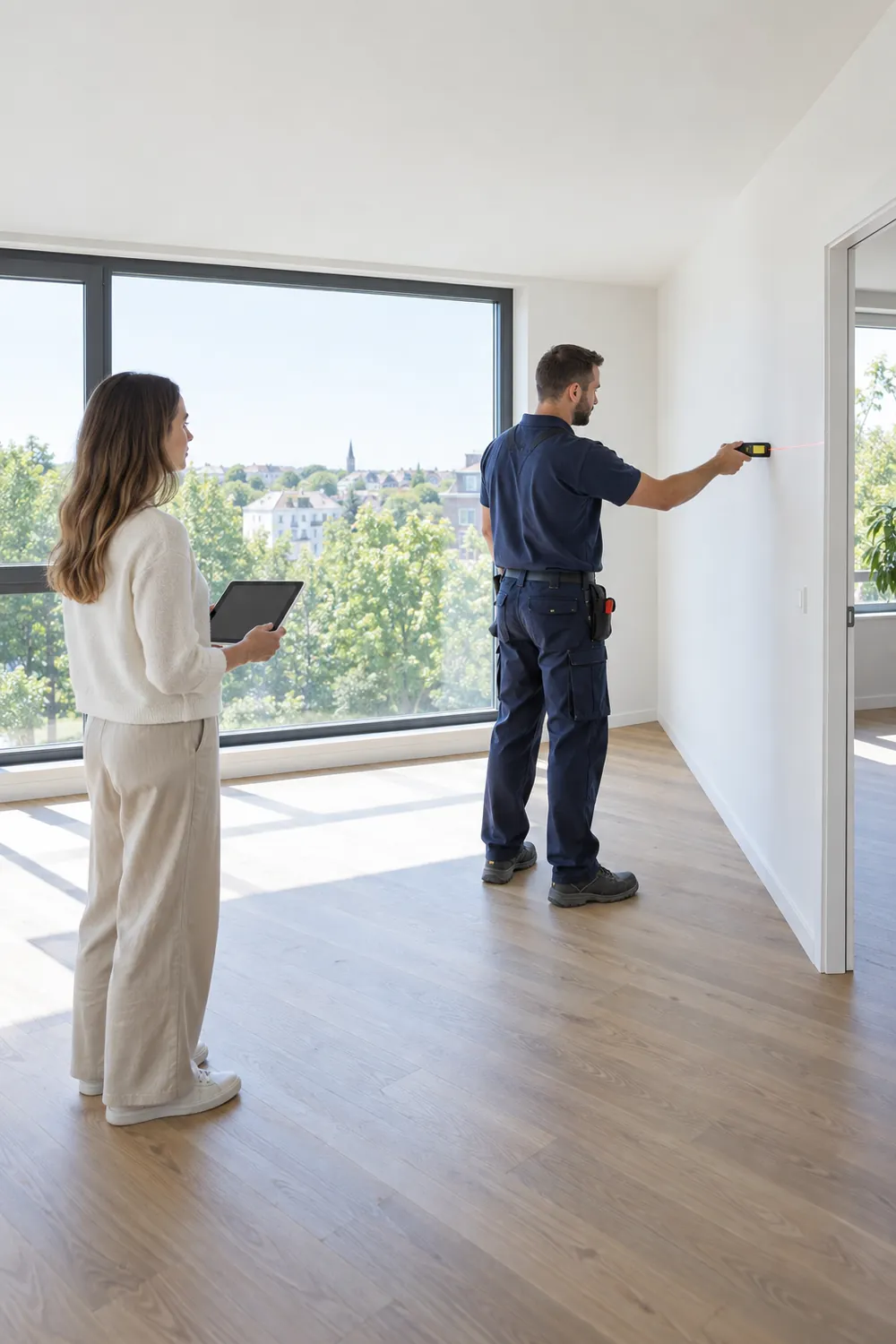 Technician measuring a room with a laser distance meter during a site visit